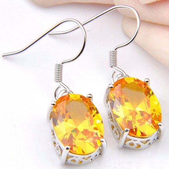 Yellow Citrine Oval Pendant Necklace Earrings Set 925 Sterling Silver Plated - Picture 4 of 12